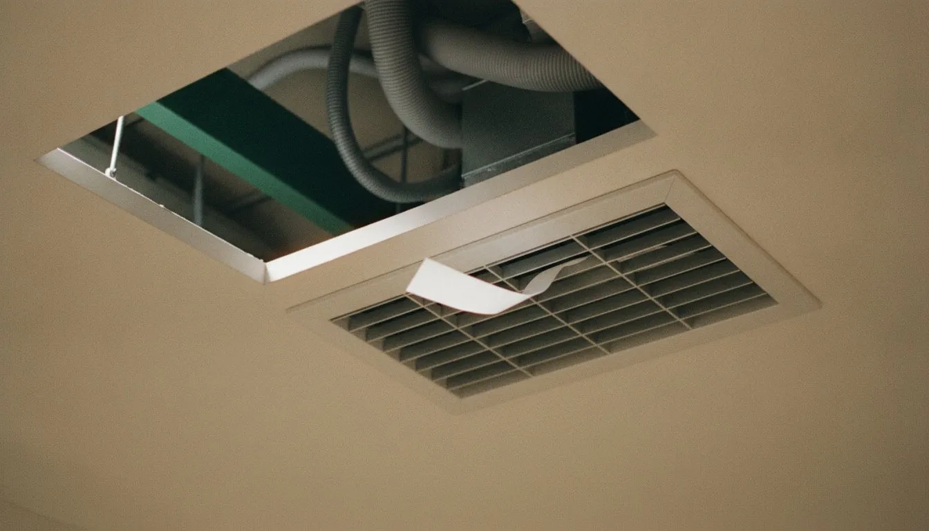 A ceiling supply vent with a strip of tissue held at its grille, flex duct visible through an open ceiling hatch.