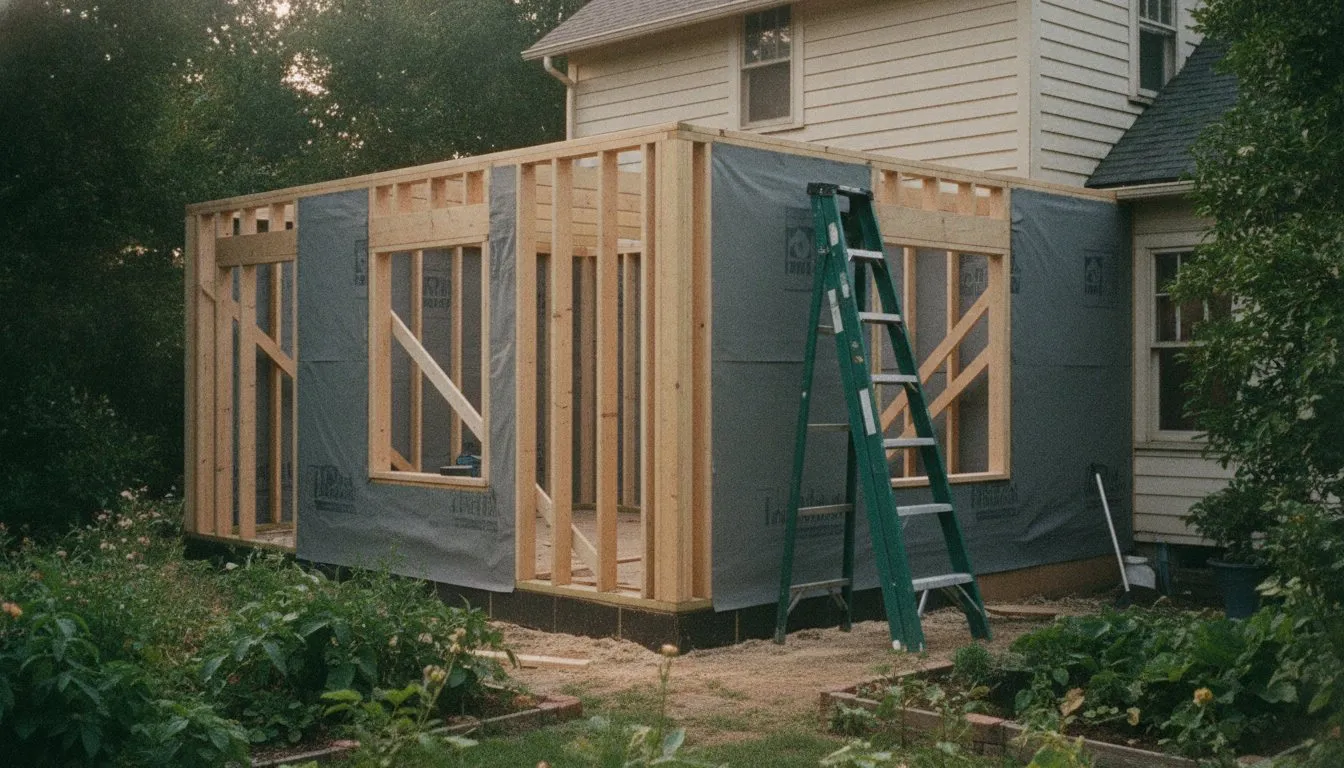 A half-finished room addition seen from the garden: new studs, house wrap and a ladder against the frame.