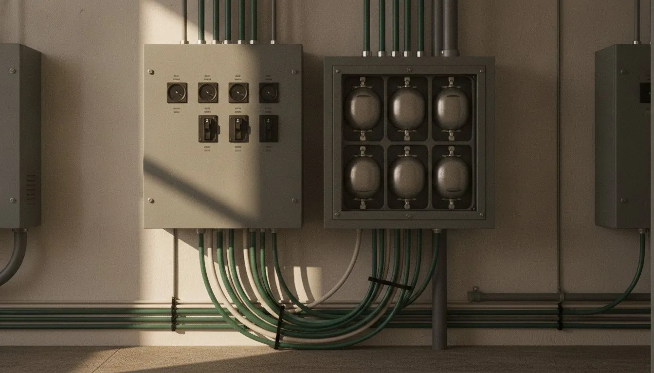 A transfer switch and battery front panel in a dim utility closet, cables dressed tightly.