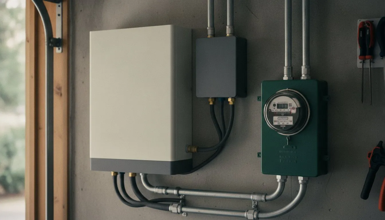 A home battery and inverter on a garage wall beside a utility meter, cables routed in steel conduit.