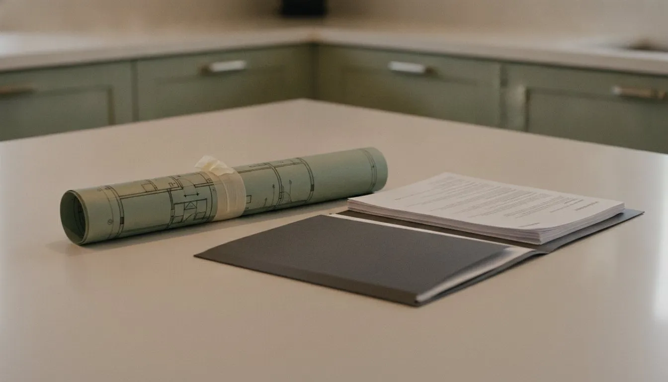 A roll of house plans tied with tape on a kitchen island beside a folder of loan papers.