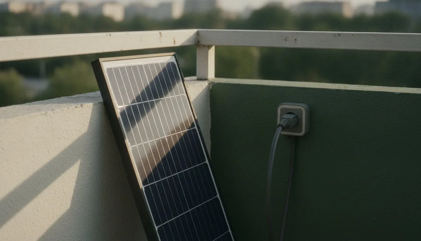 A plug-in solar panel leaning against a balcony rail, its cable running to an outdoor socket.