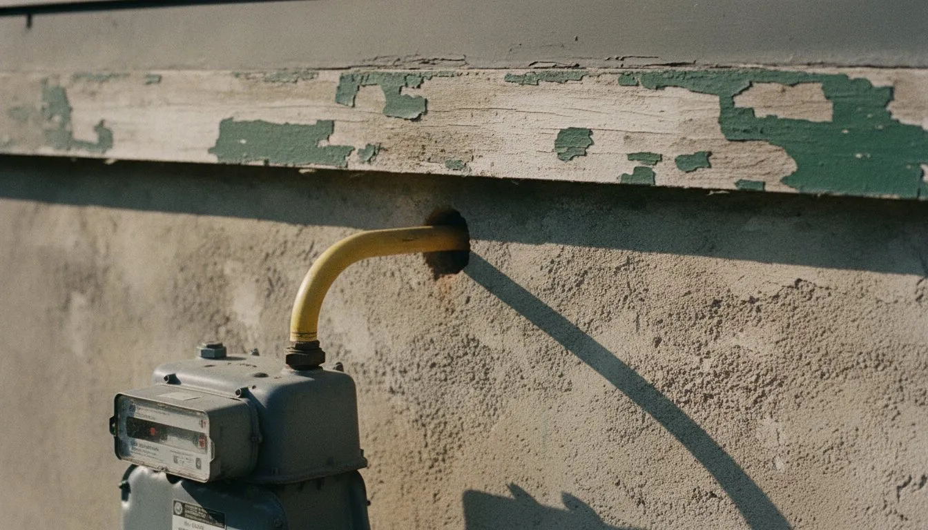 A gas meter with its yellow service line entering a foundation wall, paint peeling from the sill.