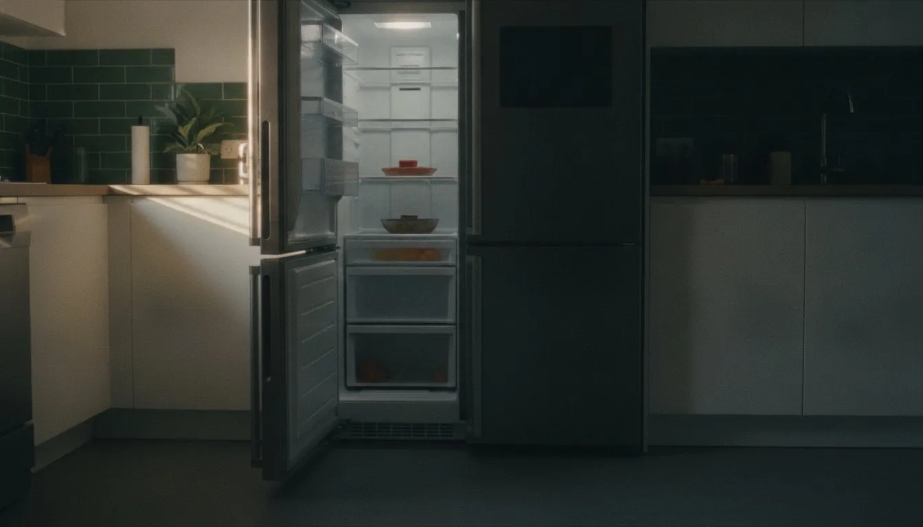 A fridge with its control panel dark, doors ajar, in a dim kitchen at the end of the day.