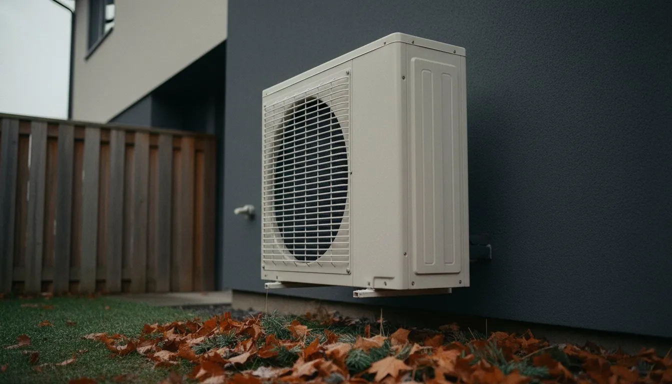 A heat pump condenser mounted on a rendered wall, autumn leaves banked against its base.