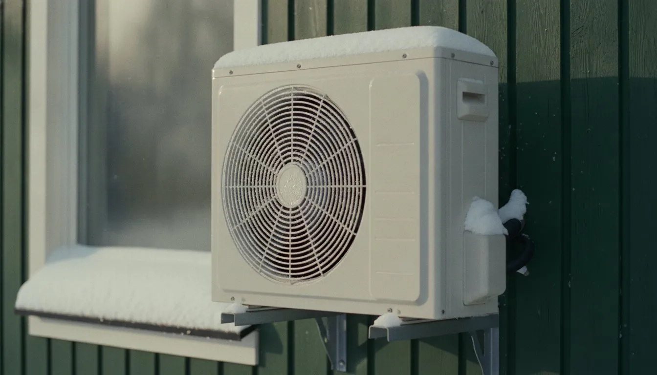 A heat pump condenser on a wall bracket above a snowy windowsill, frost on the fan grille.