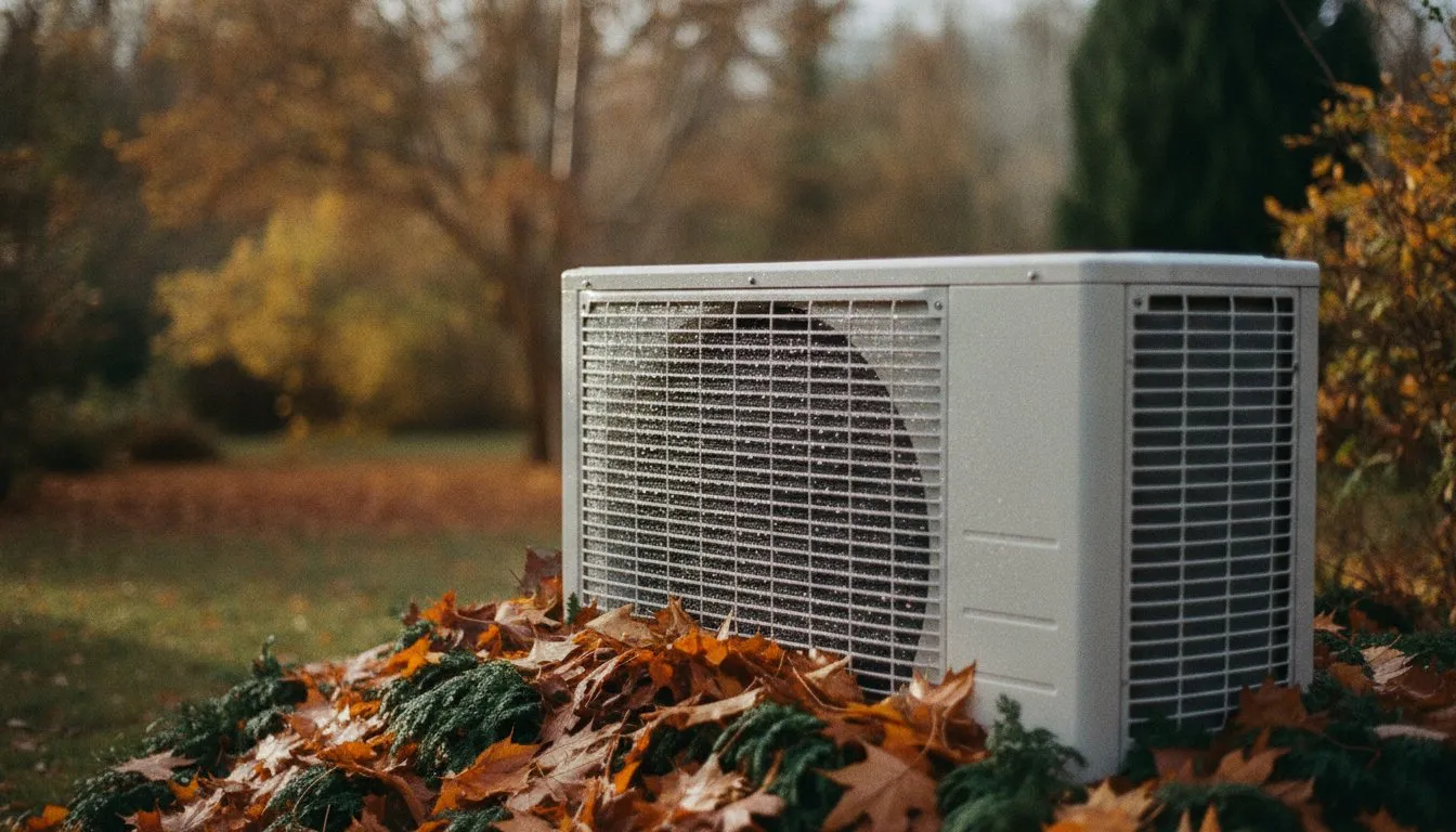 An outdoor heat pump unit in autumn, its grille beaded with condensation, leaves banked at the base.