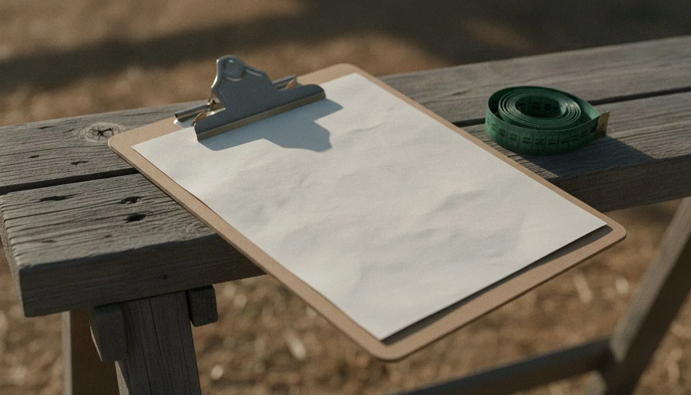 A contractor invoice clipped to a clipboard resting on a sawhorse, a tape measure curled beside it.