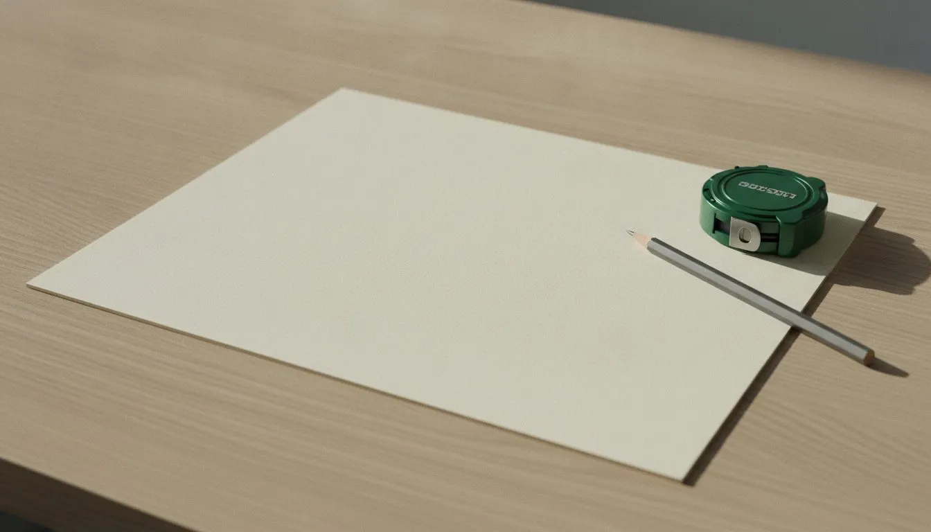 A blank sheet of paper on an oak table with a steel tape measure and a pencil.