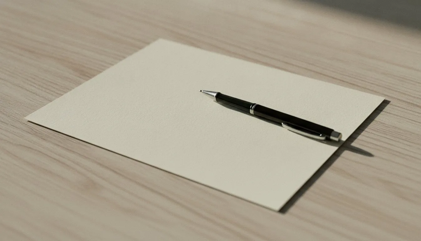 A single sheet of paper on a pale wooden table with one black ballpoint pen laid diagonally across it.