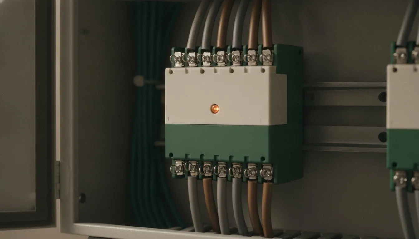 A din-rail smart relay module inside a wiring cabinet, its terminals and single indicator LED in macro.
