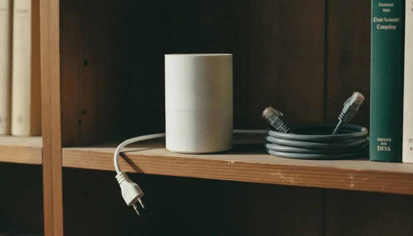 A small white smart-home hub on a bookshelf beside a coiled ethernet cable, its power lead unplugged.