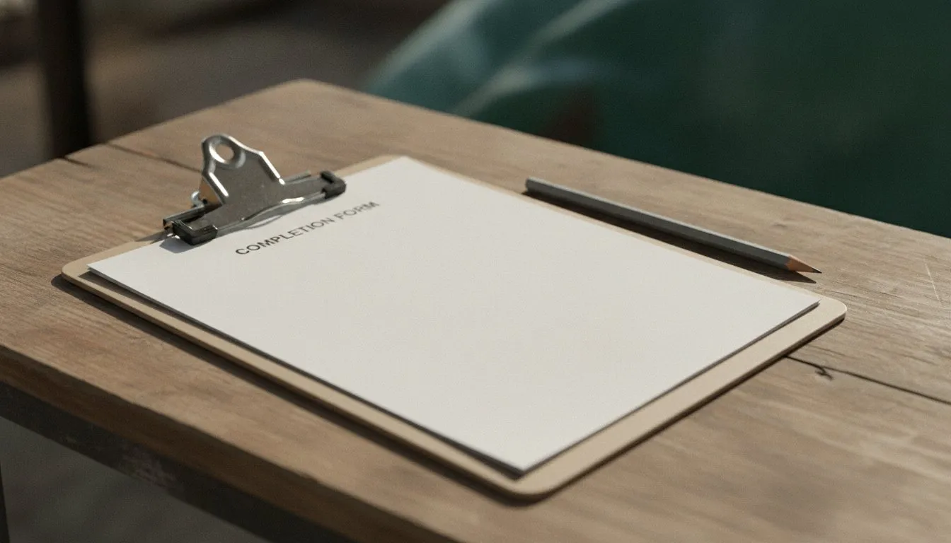 A blank completion form on a clipboard resting on a job-site table, a pencil laid beside it.