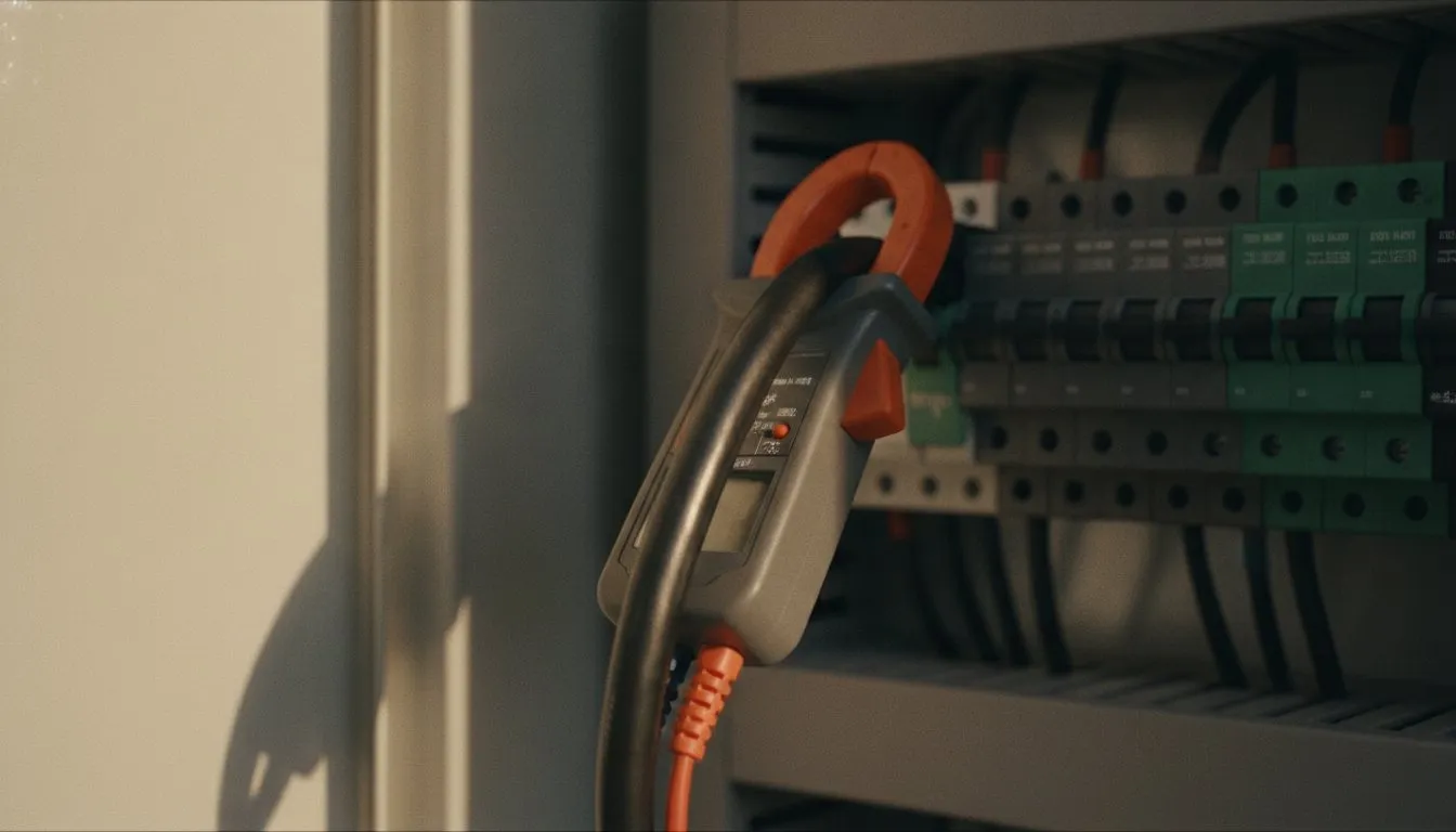 A digital clamp meter clipped around a thick cable inside an open electrical panel, breaker rows blurred behind it.