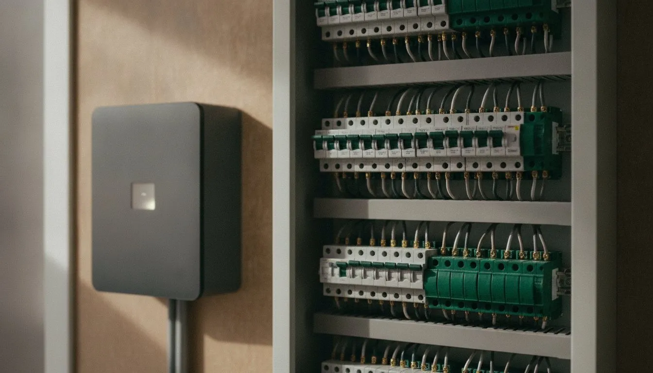 An open electrical panel with combed breaker rows, a small smart subpanel mounted beside it.