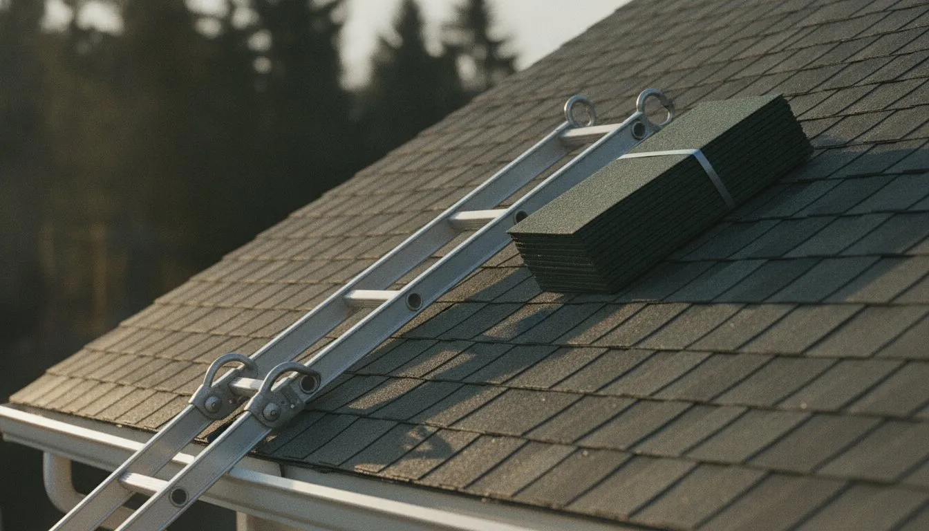 A roofing ladder hooked over a gutter, a bundle of shingles resting on the slope, low morning light.