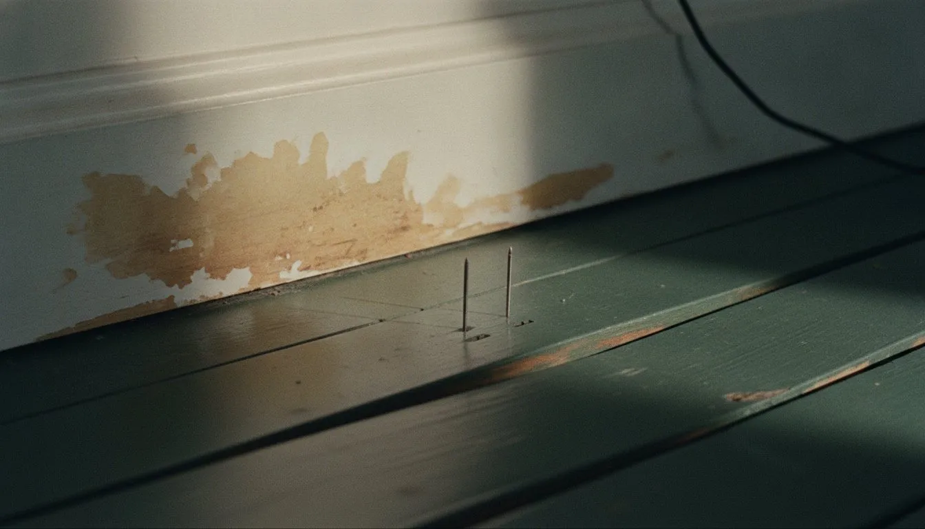 A water-stained baseboard meeting swollen floorboards, the pins of a moisture meter touching the wood.