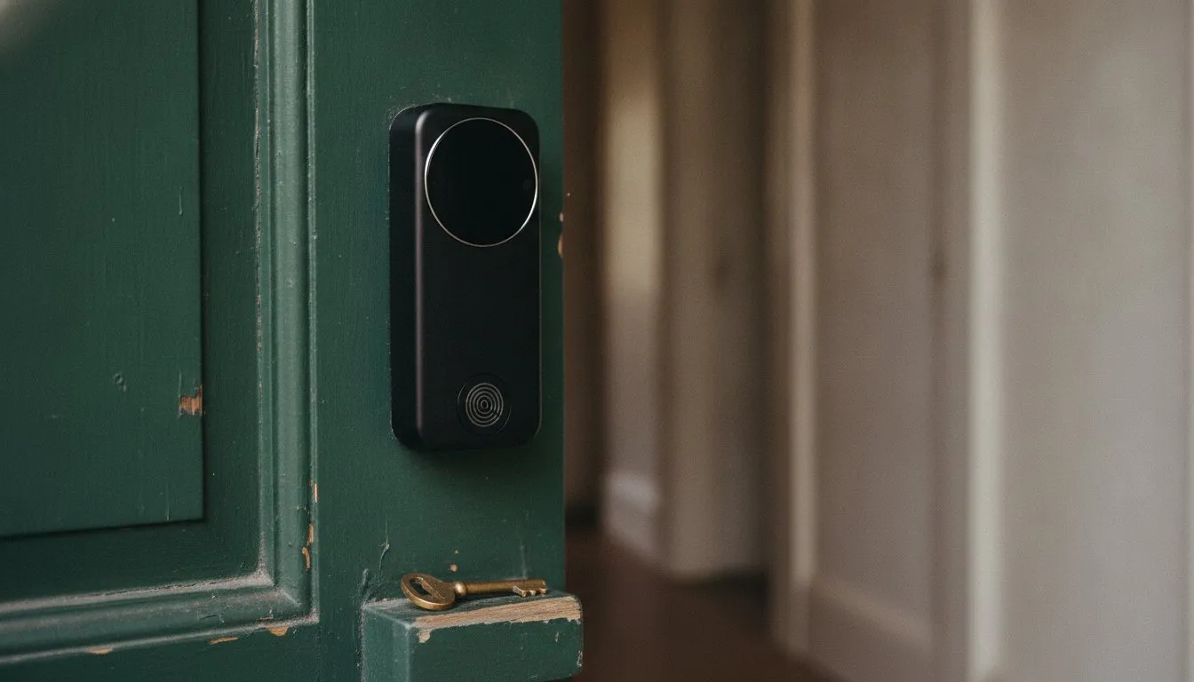 A matte black smart lock on a deep green painted front door, seen close.