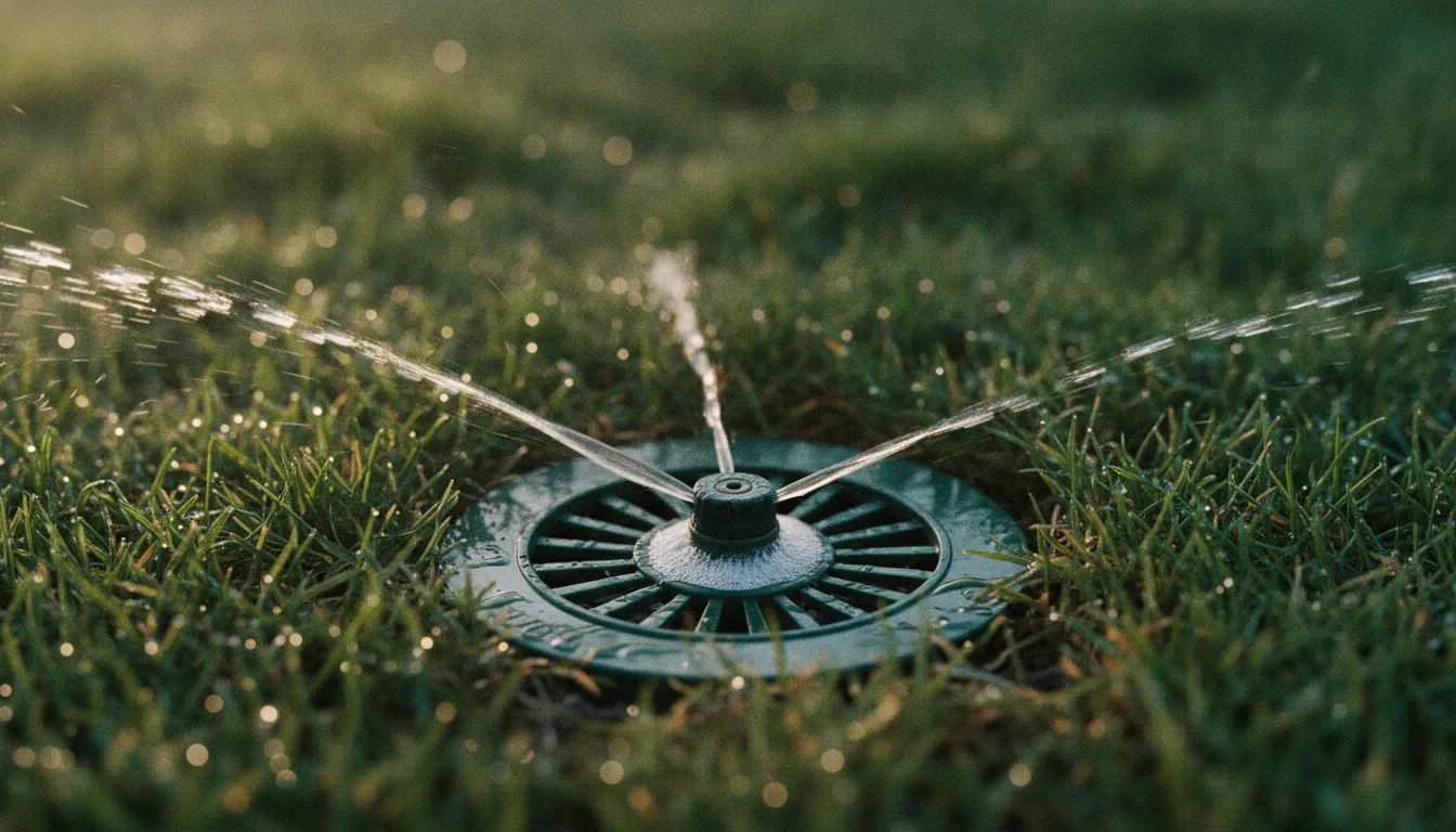 A pop-up sprinkler head set flush into turf, water breaking over its nozzle in short streams, wet grass in morning light.