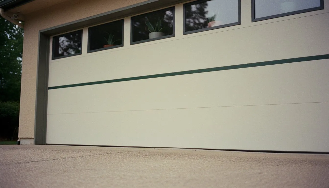 A new garage door’s panel and window row seen from an angle, driveway apron in the foreground.