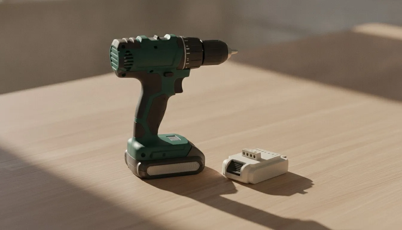 A cordless drill standing on a pale workbench beside its battery pack, side light across the grain.