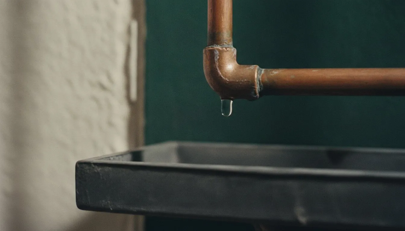 A copper supply line with a single bead of water at a joint, a shallow drip tray beneath.