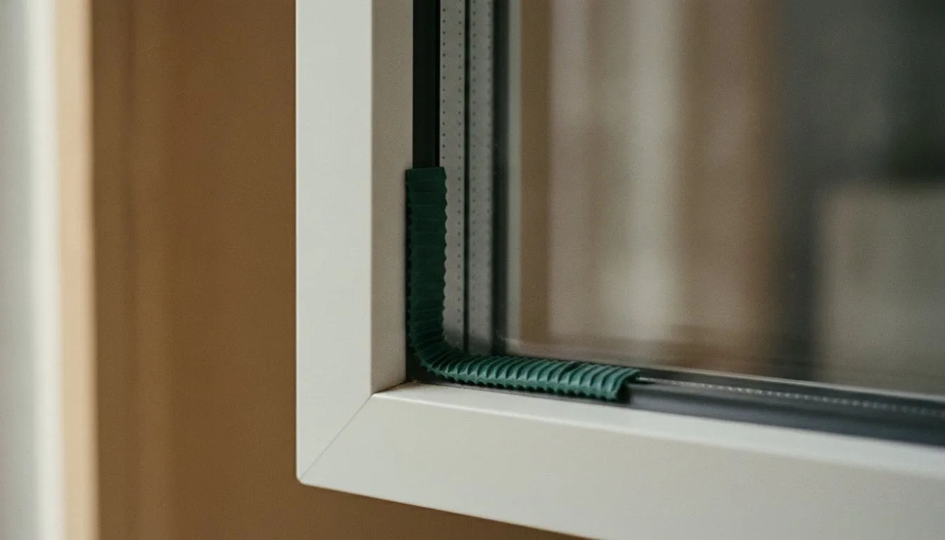 The corner of a replacement window in extreme detail: glazing, spacer bar and compressed weather seal.