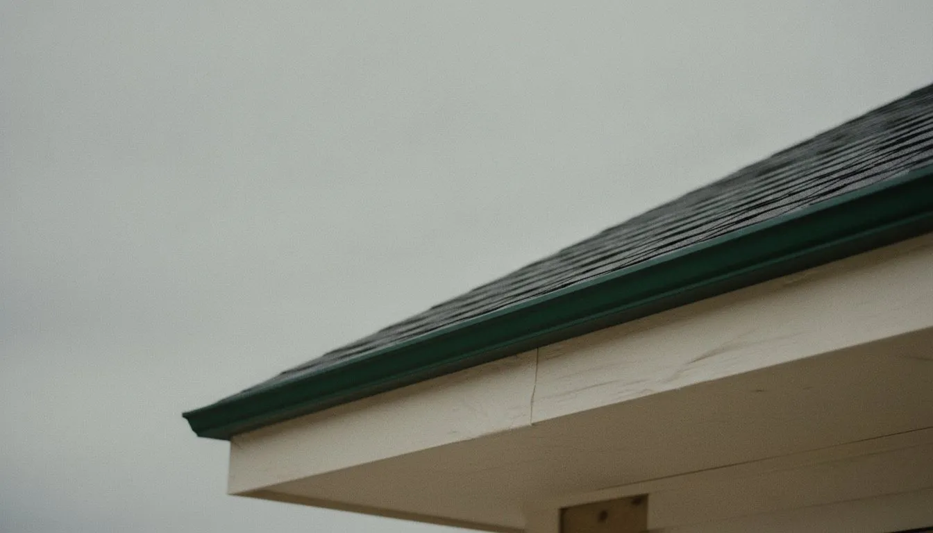A newly shingled roof edge against a flat overcast sky, underlayment visible beneath the first course.