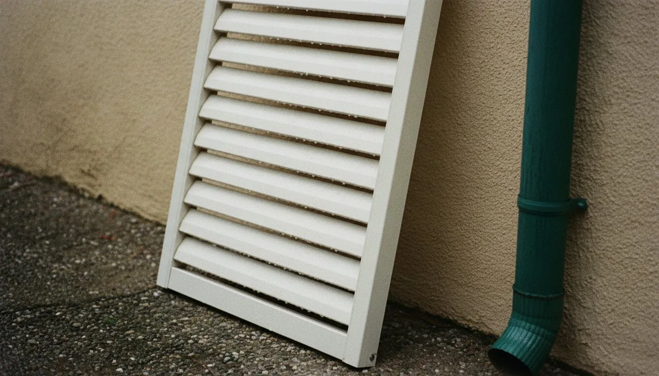A storm shutter leaning against a stucco wall, rain beaded on its slats, a gutter downpipe beside it.