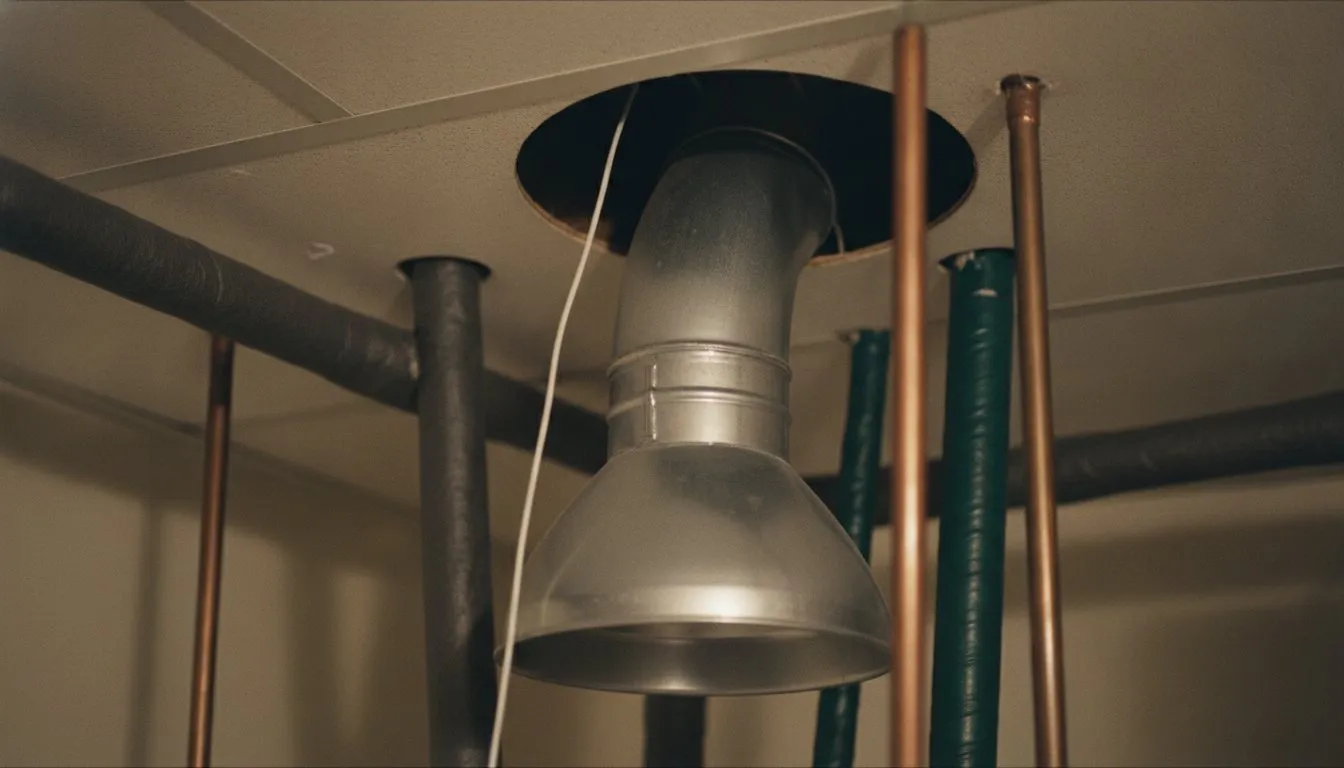 The flue of a gas water heater rising into a ceiling, its draft hood and vent connector in close view.