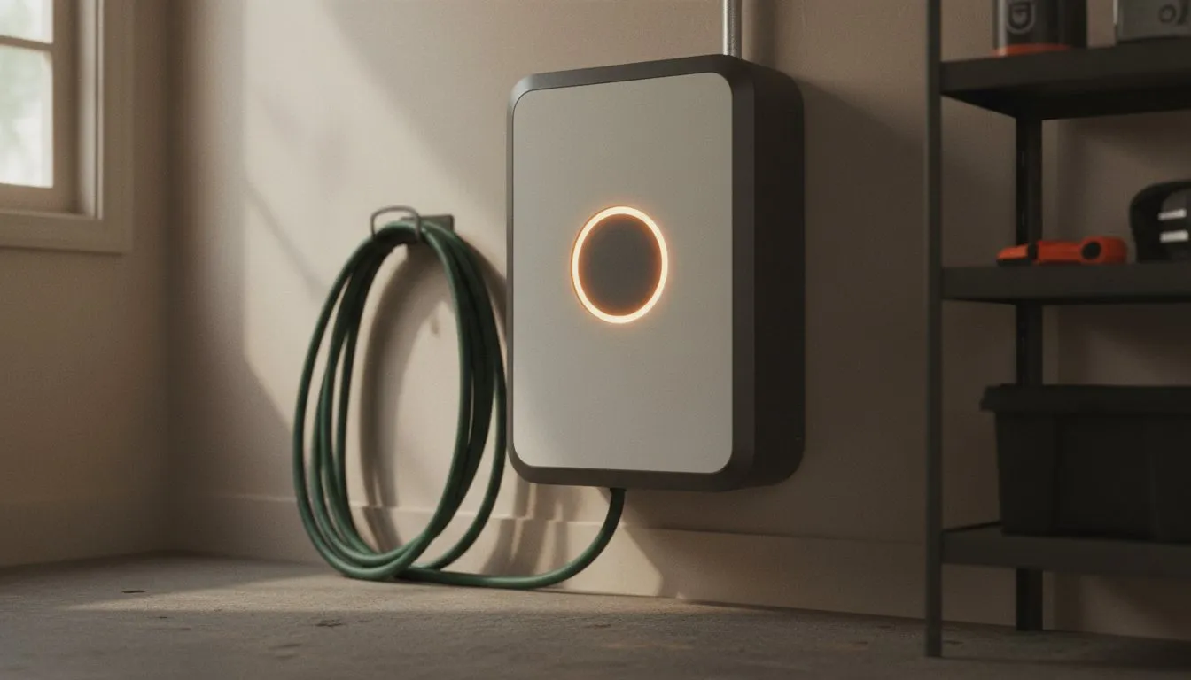 A wall-mounted home battery in a garage, its status ring lit, beside a coiled charging cable on a concrete floor.