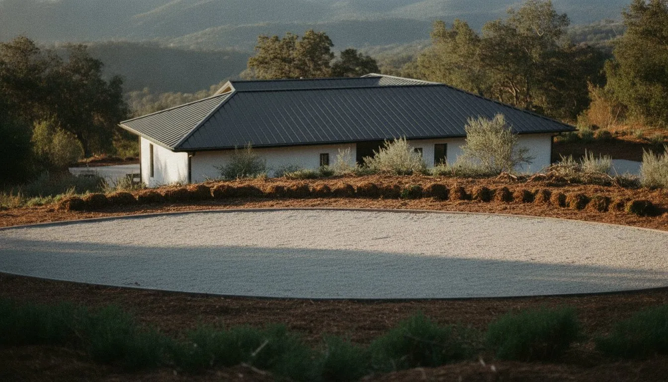 A cleared defensible-space band around a hillside house: gravel strip, cut brush and a metal roof edge.