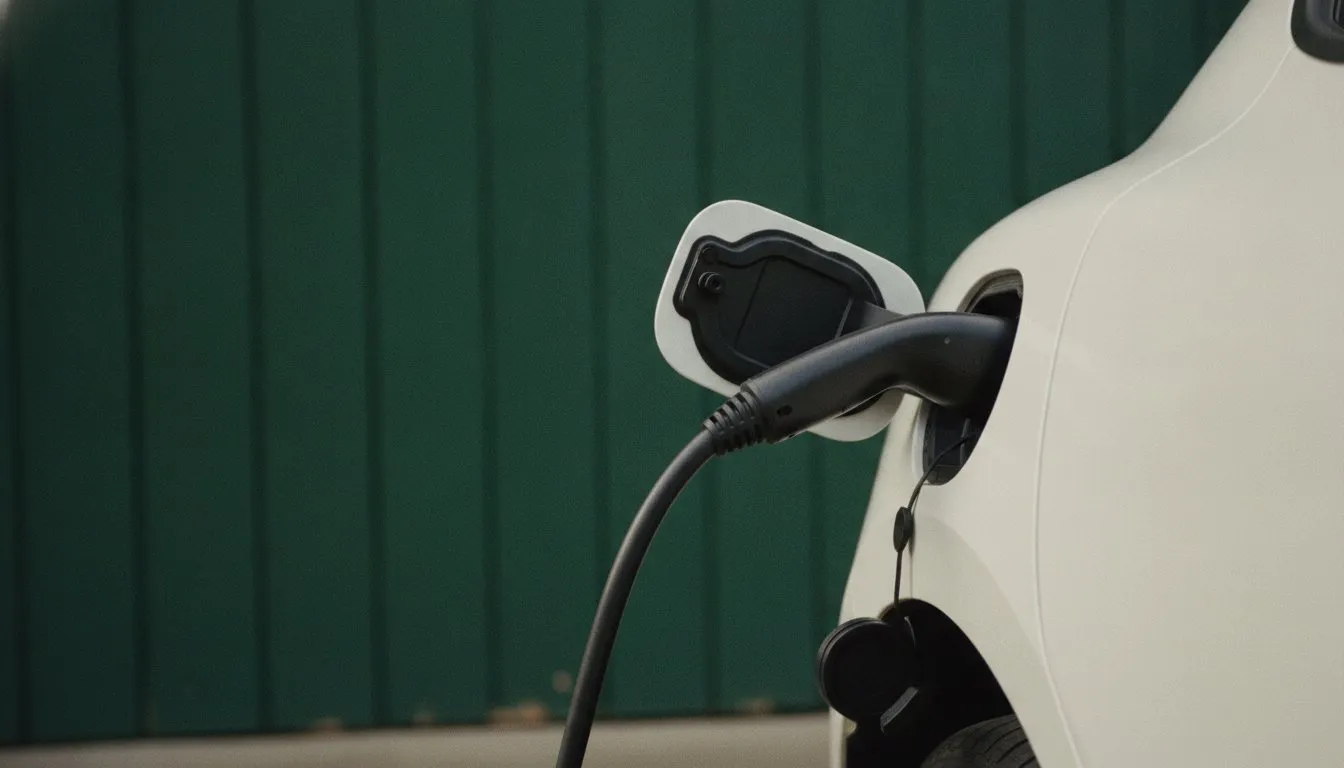 An EV charge port with the cable plugged in, the car’s flank and a garage wall in soft light.
