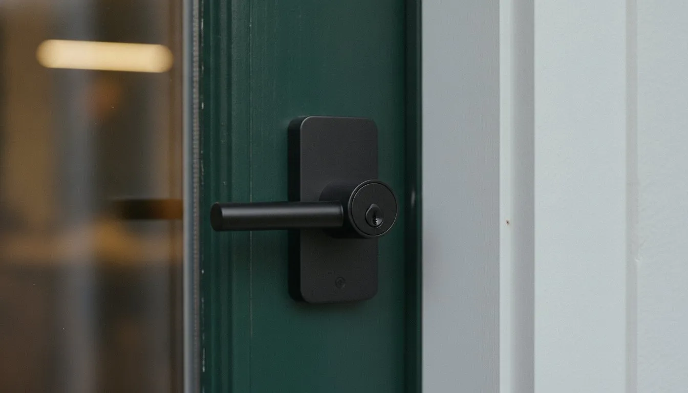 A black smart deadbolt on a painted timber door, a thin band of evening light across the frame.