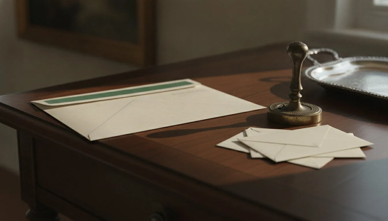 A certified letter lying unopened on a hall table beside a brass date stamp and a stack of envelopes.