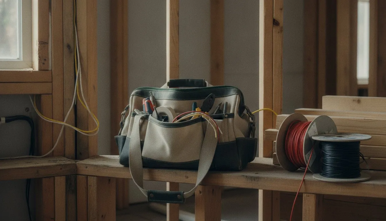 An electrician’s canvas tool bag on bare studs inside a half-wired kitchen, cable spools stacked against the framing.