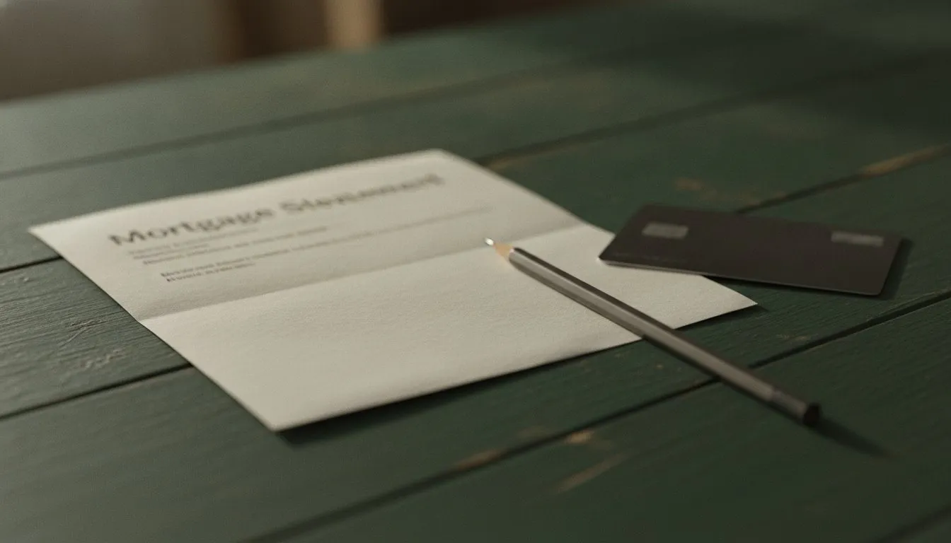 A folded mortgage statement and a pencil on a dark desk, a bank card face down beside them.